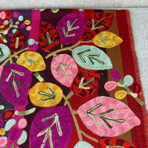 Embroidered Colorful Red Leaf / Floral  Wool? Scarf Shawl Wrap Stole 76" Long - Picture 13 of 14